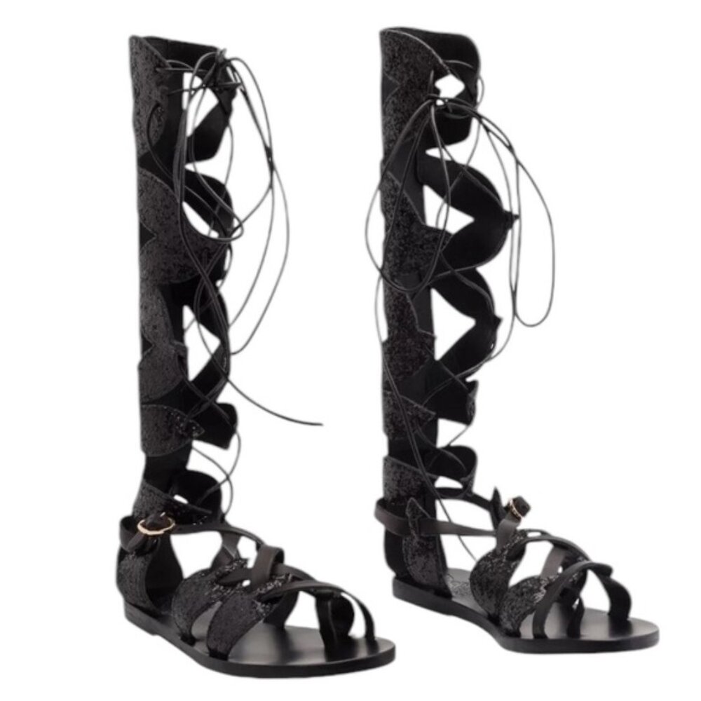 ANICENT GREEK SANDALS Tan Leather 'Filareskia' High Gladiator Sandals 38 New*